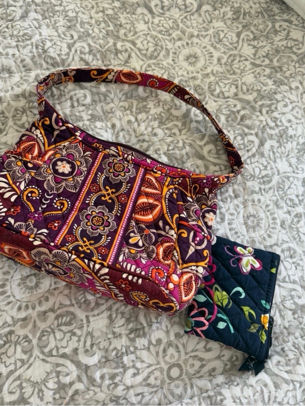 Quilted Floral Shoulder Bag in Plum and Fuchsia